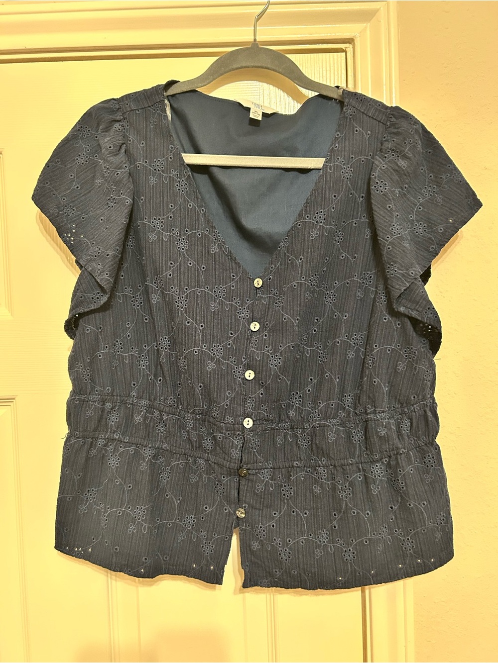 Time and Tru Navy Eyelet Button-Front Blouse